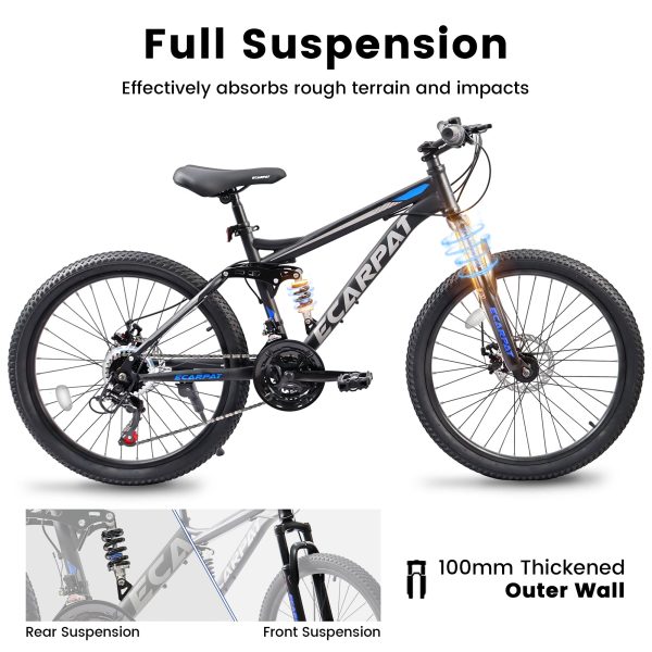 Ecarpat Mountain Bike 24 Inch Wheels, 21-Speed Full Suspension Mens Womens Trail Commuter City Mountain Bike, Carbon Steel Frame Disc Brakes Grip Shifter Front Fork Rear Shock Absorber Bicycles Discount