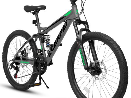 Ecarpat Mountain Bike 24 Inch Wheels, 21-Speed Full Suspension Mens Womens Trail Commuter City Mountain Bike, Carbon Steel Frame Disc Brakes Grip Shifter Front Fork Rear Shock Absorber Bicycles For Cheap