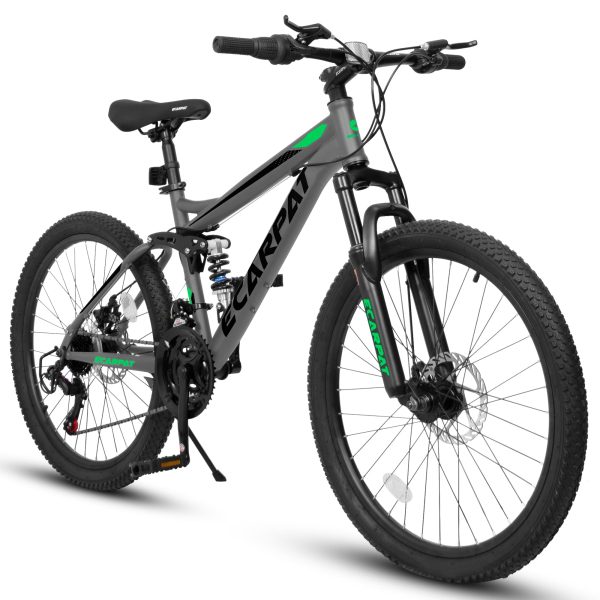 Ecarpat Mountain Bike 24 Inch Wheels, 21-Speed Full Suspension Mens Womens Trail Commuter City Mountain Bike, Carbon Steel Frame Disc Brakes Grip Shifter Front Fork Rear Shock Absorber Bicycles For Cheap