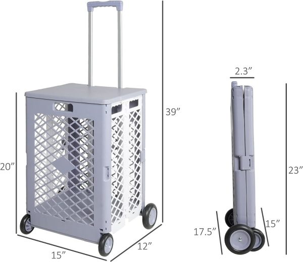 55L Foldable Rolling Cart with Wheels, Portable Updated Utility Tools with Lid Rolling Crate w  Telescopic Handle, Gray For Sale