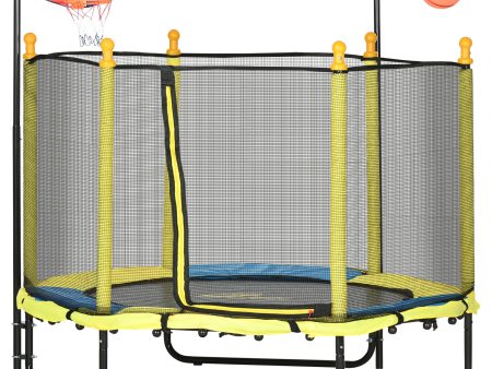 Qaba 4.6  Kids Trampoline with Basketball Hoop, Horizontal Bar, 55  Indoor Trampoline with Net, Small Springfree Trampoline Gifts for Kids Toys, Ages 3-10, Yellow Online Sale