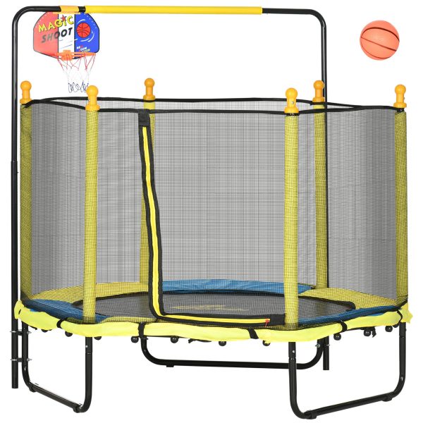 Qaba 4.6  Kids Trampoline with Basketball Hoop, Horizontal Bar, 55  Indoor Trampoline with Net, Small Springfree Trampoline Gifts for Kids Toys, Ages 3-10, Yellow Online Sale