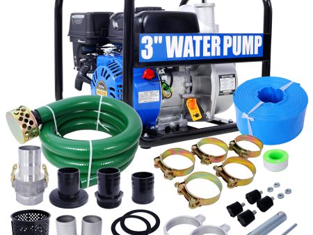 Semi Trash Pump 3 inch, 209cc 7HP 4 stroke OHV ENGINE, Gas Powered Semi Trash Water Pump  50 ft Discharge Hose, 12 ft Suction Hose with Complete Fittings,EPA compliant Discount