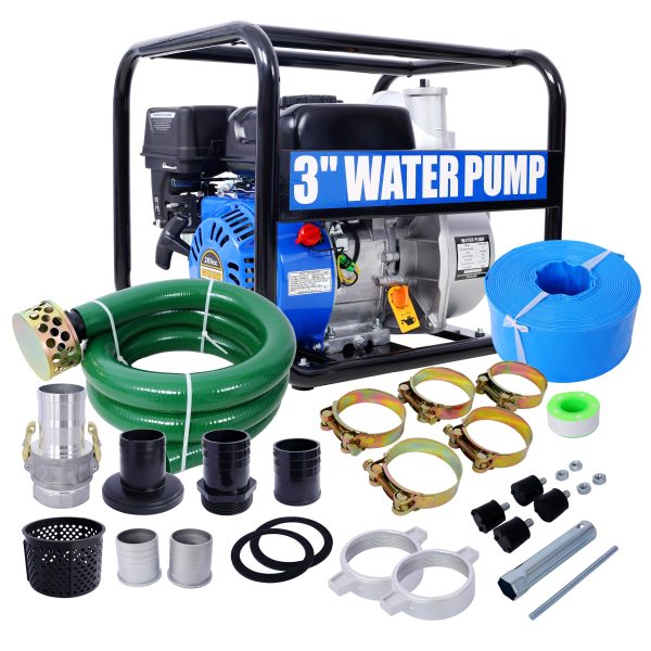 Semi Trash Pump 3 inch, 209cc 7HP 4 stroke OHV ENGINE, Gas Powered Semi Trash Water Pump  50 ft Discharge Hose, 12 ft Suction Hose with Complete Fittings,EPA compliant Discount