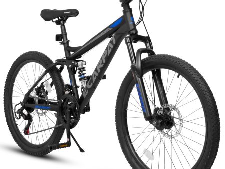 Ecarpat Mountain Bike 24 Inch Wheels, 21-Speed Full Suspension Mens Womens Trail Commuter City Mountain Bike, Carbon Steel Frame Disc Brakes Grip Shifter Front Fork Rear Shock Absorber Bicycles Discount