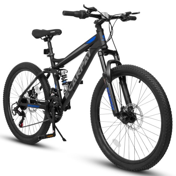 Ecarpat Mountain Bike 24 Inch Wheels, 21-Speed Full Suspension Mens Womens Trail Commuter City Mountain Bike, Carbon Steel Frame Disc Brakes Grip Shifter Front Fork Rear Shock Absorber Bicycles Discount