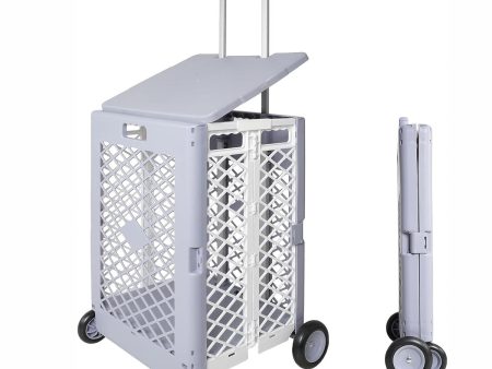 55L Foldable Rolling Cart with Wheels, Portable Updated Utility Tools with Lid Rolling Crate w  Telescopic Handle, Gray For Sale