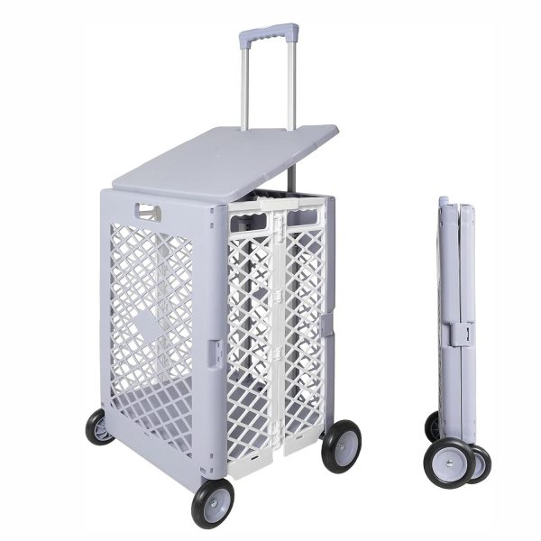 55L Foldable Rolling Cart with Wheels, Portable Updated Utility Tools with Lid Rolling Crate w  Telescopic Handle, Gray For Sale