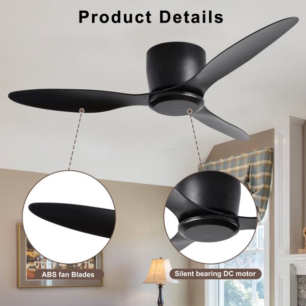 52  Flush Mount Ceiling Fan without light, 3 Reversible Blades, with 6 Speeds Reversible DC Motor,Low Profile Ceiling Fan with no light for Living Room Kitchen Bedroom For Discount