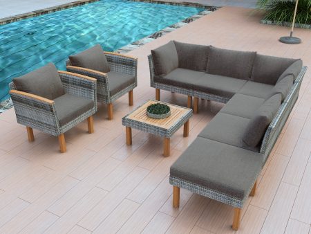 GO 9-Piece Patio Rattan Furniture Set, Outdoor Conversation Set With Acacia Wood Legs and Tabletop, PE Rattan Sectional Sofa Set with Coffee Table, Washable Cushion, Gray Hot on Sale