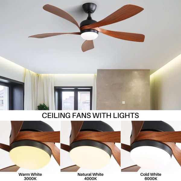 52 Inch Indoor Ceiling Fan With 3 Color Dimmable 5 ABS Blades Remote Control Reversible DC Motor Black With Led Light Fashion