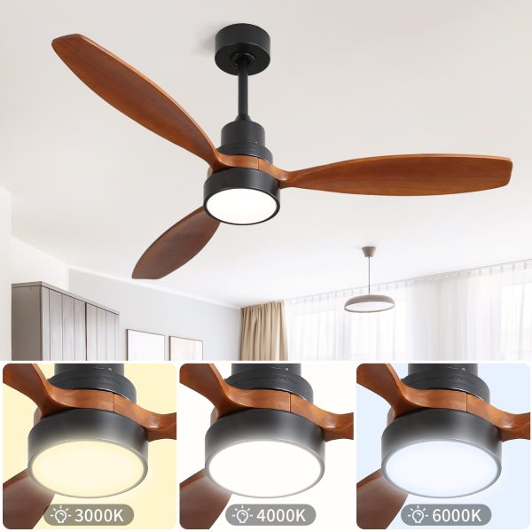 52 Inch Wooden Ceiling Fan With 3 Solid Wood Blades Remote Control Reversible DC Motor With Led Light Online now