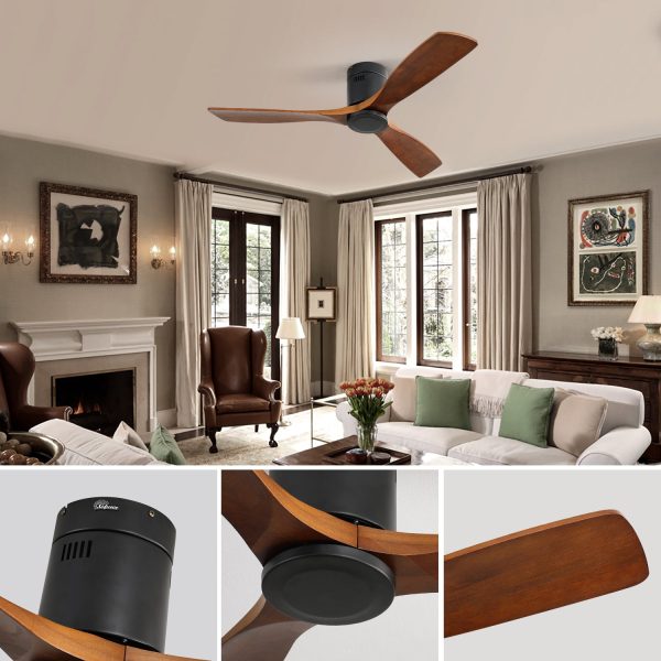 52 Inch Low Profile Ceiling Fan DC 3 Carved Wood Fan Blade Noiseless Reversible Motor Remote Control Without Light Supply