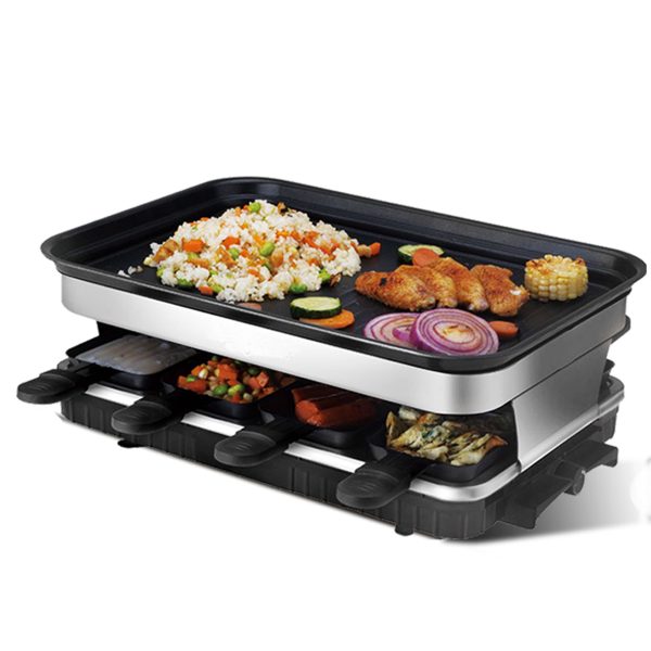 Raclette Grill 8 People Grill Plate Non-stick Coated, Raclette with 8 Mini Raclette Pans, Infinitely Adjustable Temperature, 1500W Online