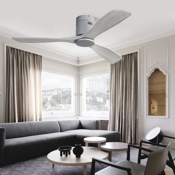 52 Inch Flush Mount Ceiling Fan DC 3 Carved Wood Fan Blade Noiseless Reversible Motor Remote Control Without Light For Sale